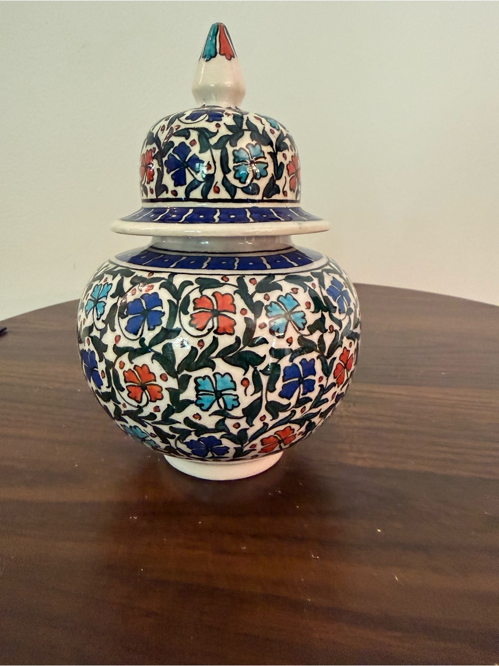 Hand-Painted Floral Ceramic Ginger Jar - Blue, Red, Green
